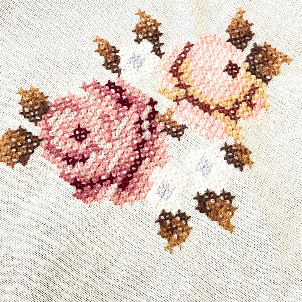 Vintage Linen Oval Tablecloth Embroidered Cross Stitched Roses Butterflies 64x65 - Picture 3 of 14